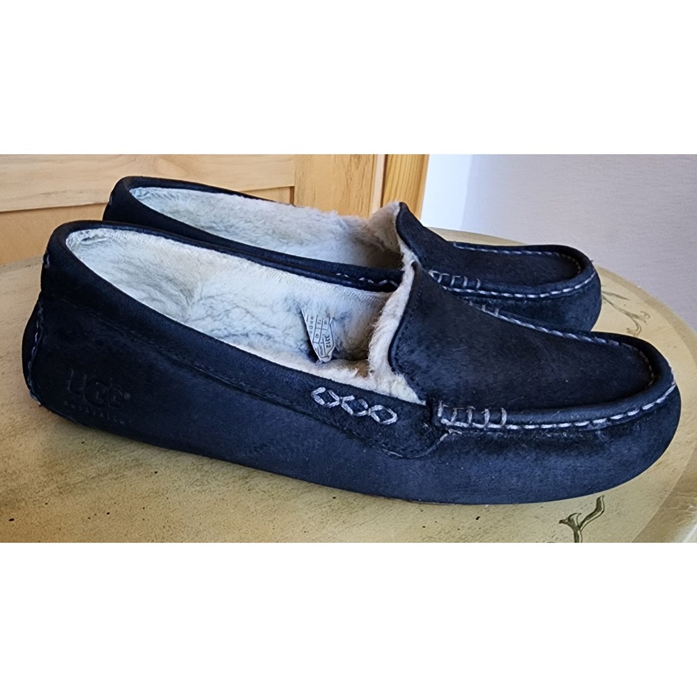 UGG Ansley Black Suede Moccasin Slippers US 9 Minimalist Cozycore Wool Shearling